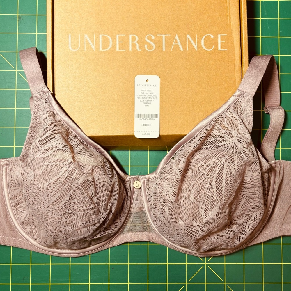 Understance 38DDD, dusty rose, stretchy lace, lined.